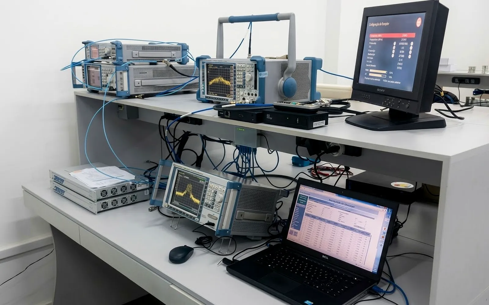 Bancada de laboratório com geradores, analisadores de espectro e receptores utilizados para simular sinais interferentes em sistemas wireless
