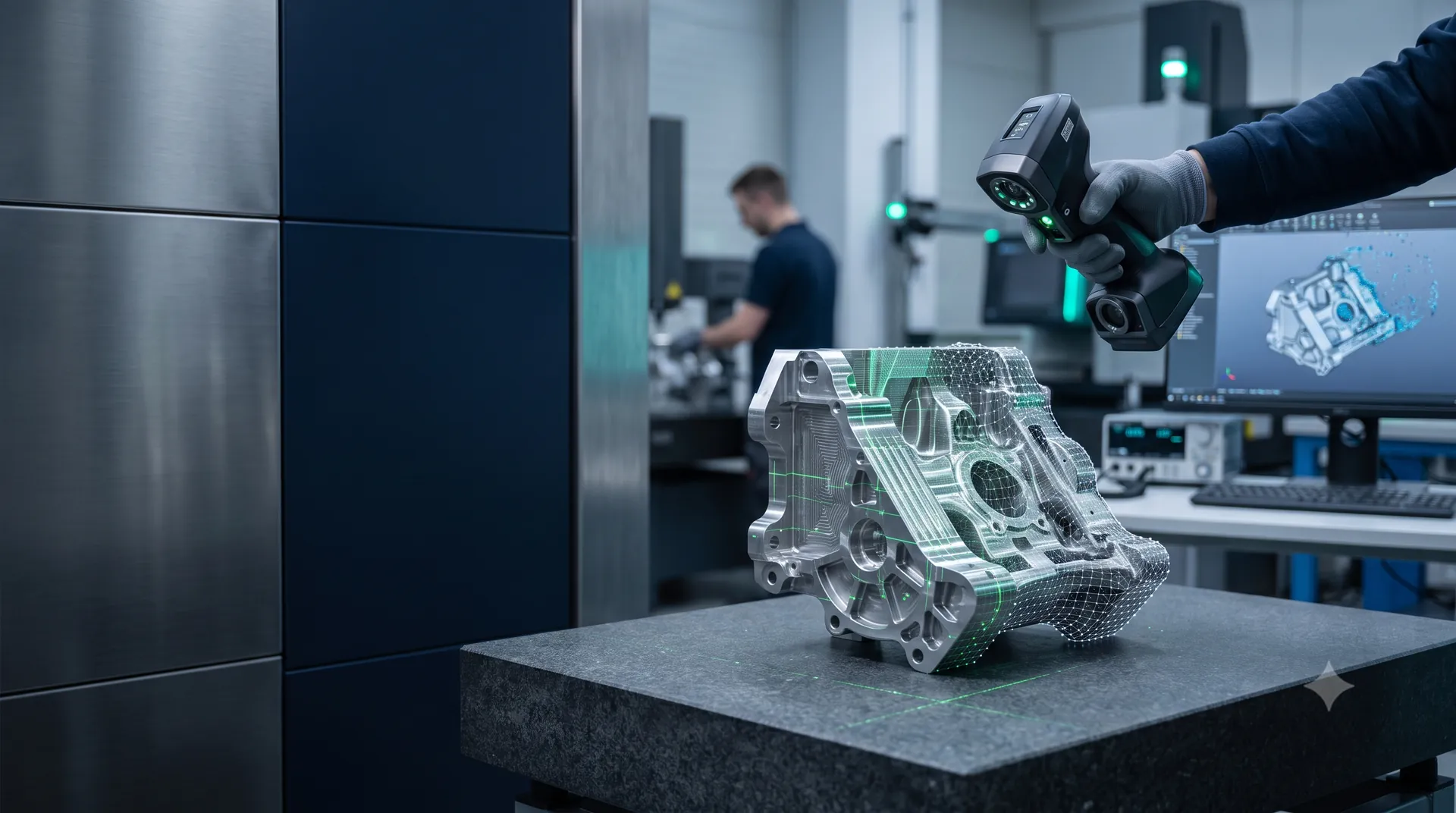 Digitalização 3D de componente industrial com scanner portátil e reconstrução CAD em laboratório