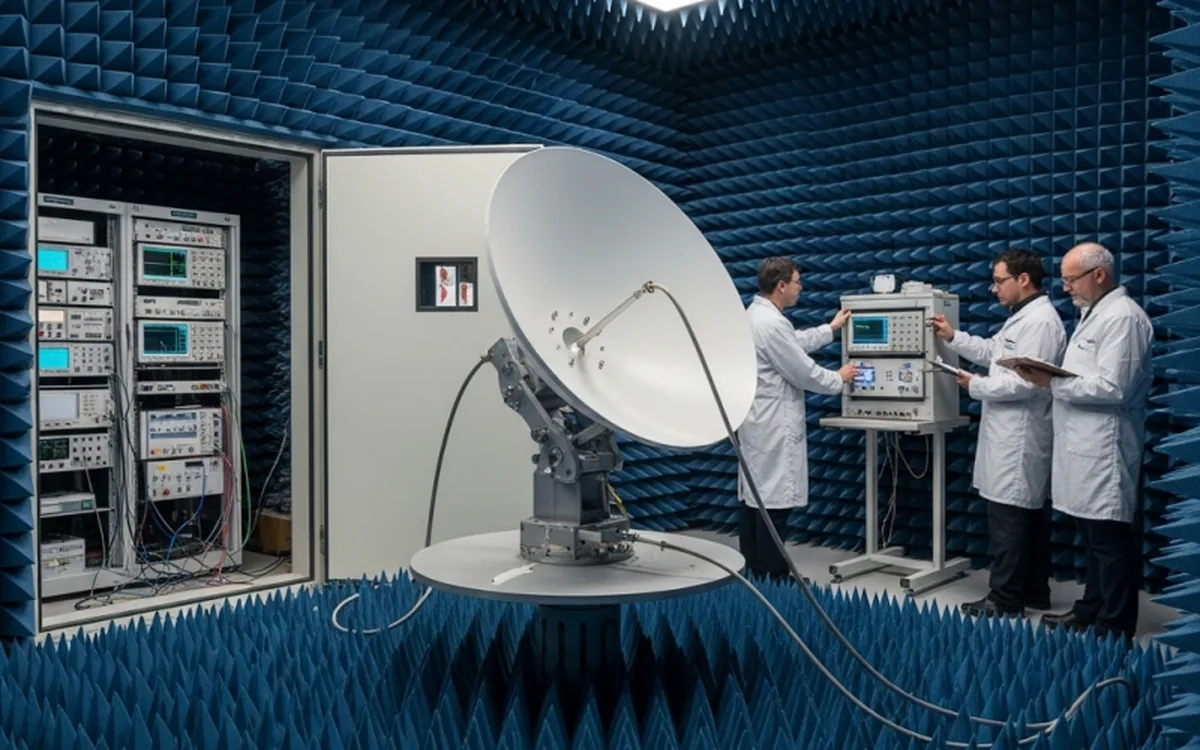 Antena parabólica em laboratório especializado de radiofrequência