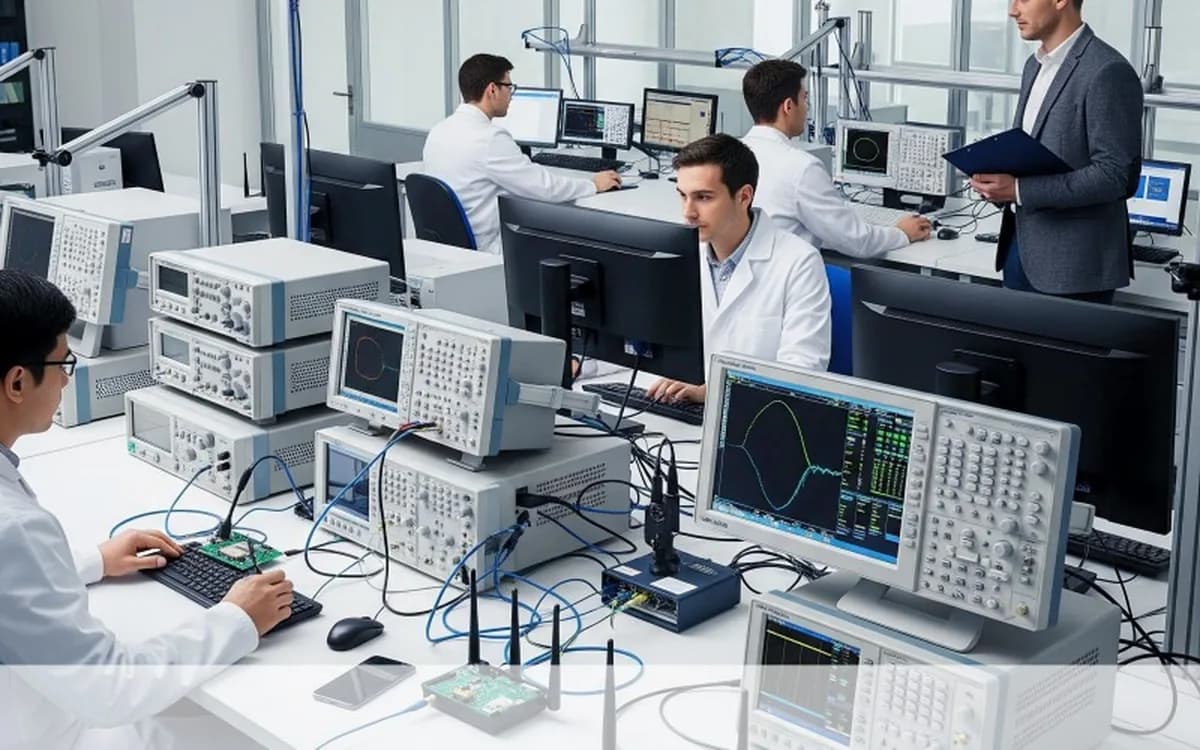 Laboratório de telecomunicações com instrumentos de medição de radiofrequência