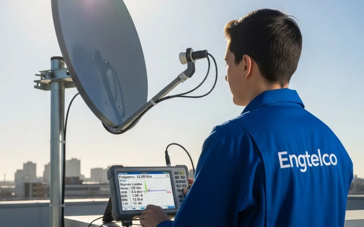 Profissional medindo a recepção de sinal em uma antena de TV via satélite